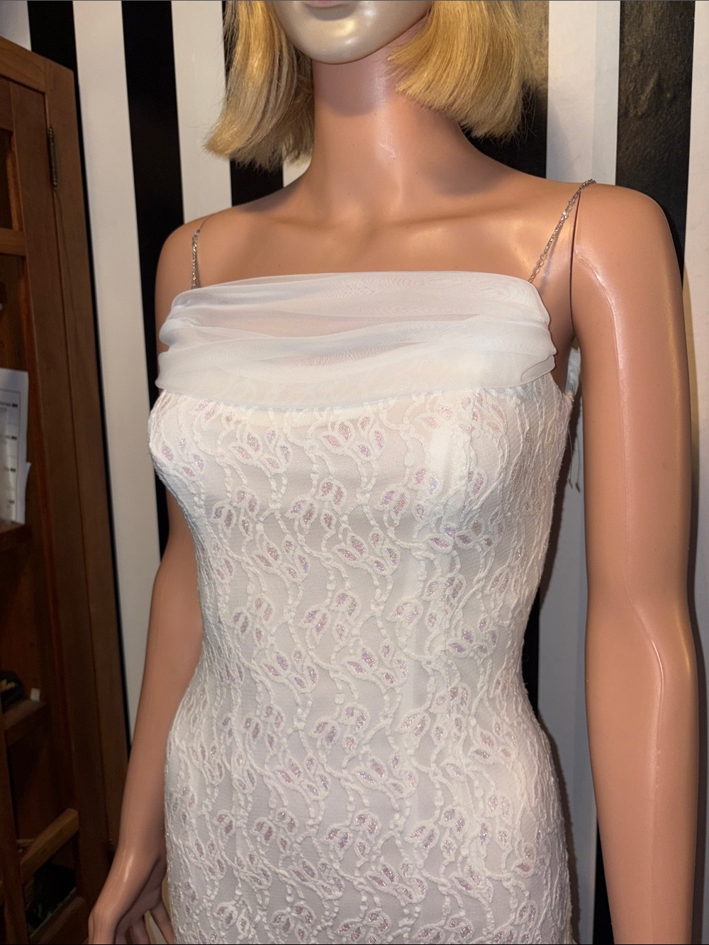 Y2K Wedding Dress Lace Column Long Gown Sheer Cowl Neck Size 0/2 XS Beaded Strap - Picture 9 of 17